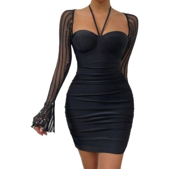SHEIN CURVE Womens Backless Dress Contrast Mesh Halter Bodycon Dress Size 1XL - Picture 1 of 11